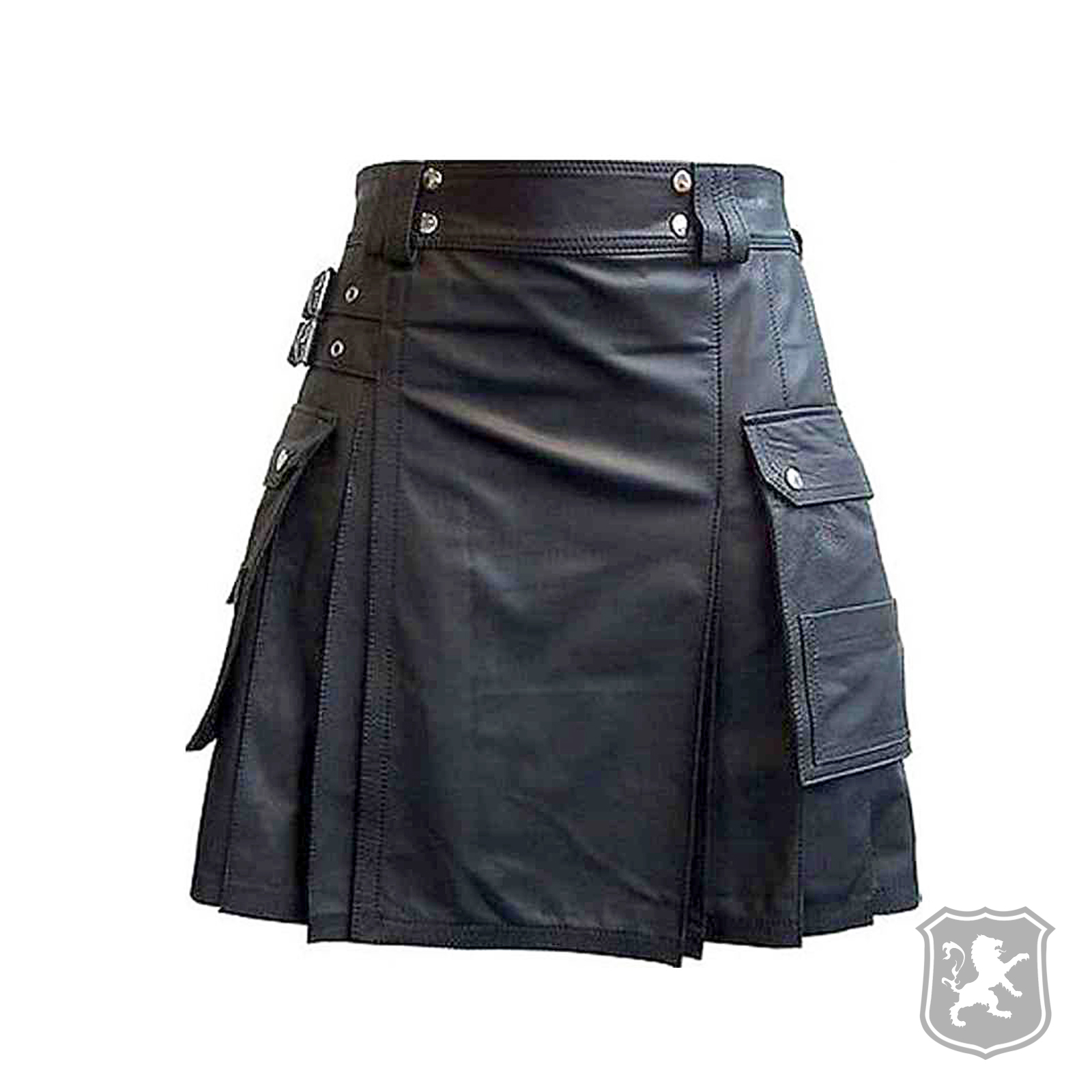 Black Leather Kilt With Cargo Pockets 