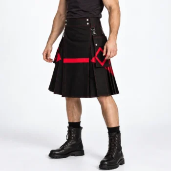 Diagonal cotton utility kilt product view showing front stripe and pocket details