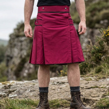 burgundy utility kilt for men handmade cotton, burgundy kilt, man wearing burgundy utility kilt casual style