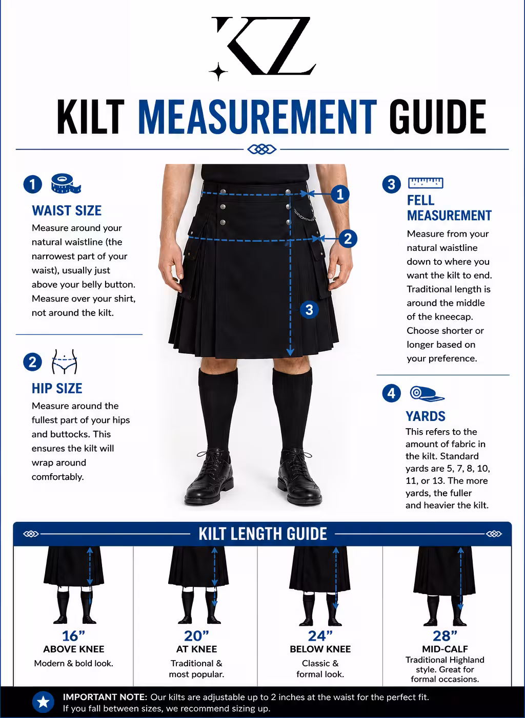Kilt measurement guide showing how to measure waist, hips and kilt length