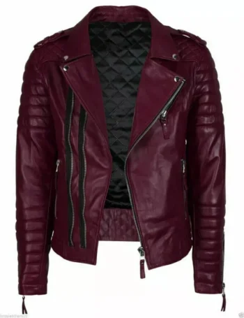 Burgundy Men's Genuine Lambskin Quilted Motorcycle Slim fit Biker Leather Jacket