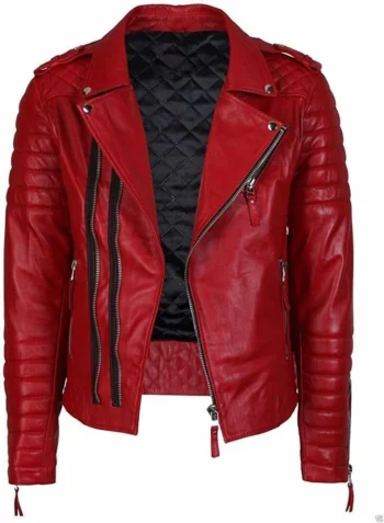 Men's 100% Real Leather Red Biker Jacket Slim Fit Stylish Quilted Jacket