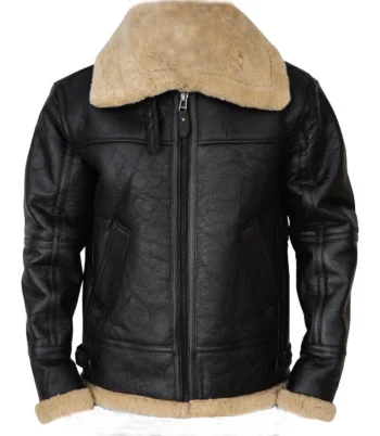 Men's Black Genuine Sheepskin Leather Shearling Bomber Jacket Fur Winter Coat
