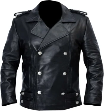 Men's Black German WW2 Naval Military Cowhide Leather Double-Breasted Pea Coat