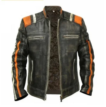 Men's Cafe Racer Retro 3 Biker Striped Distressed Black Leather Jacket