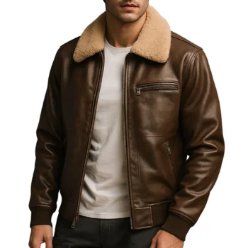 Men's Genuine Leather Bomber Jacket Shearling Collar Winter Pilot Aviator Coat