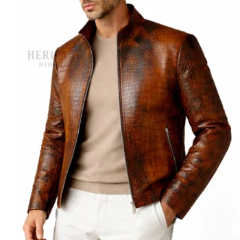 Men's Tan Brown Crocodile Embossed Leather Jacket-Genuine Cowhide Cafe